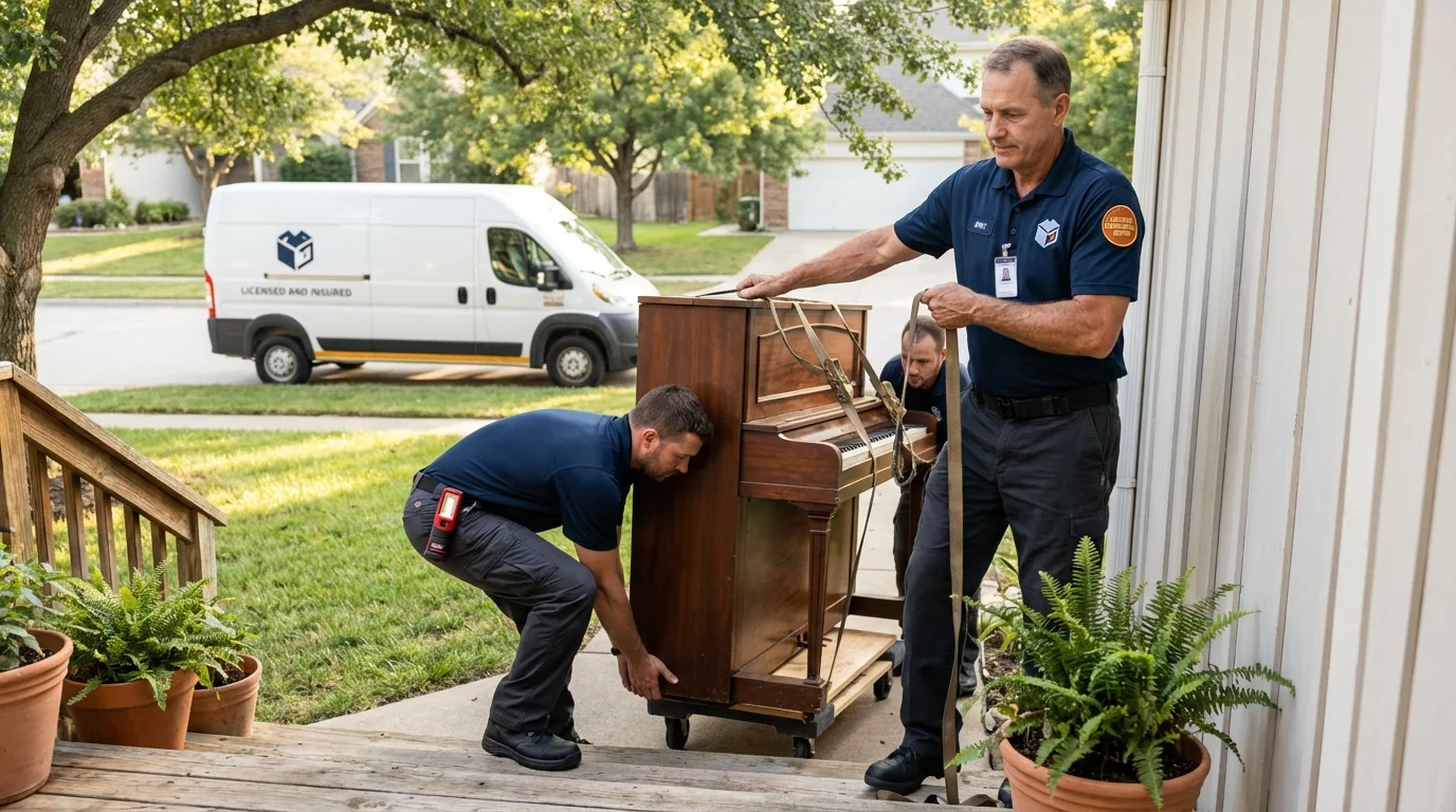Licensed piano movers securing grand piano in North Branch, MI