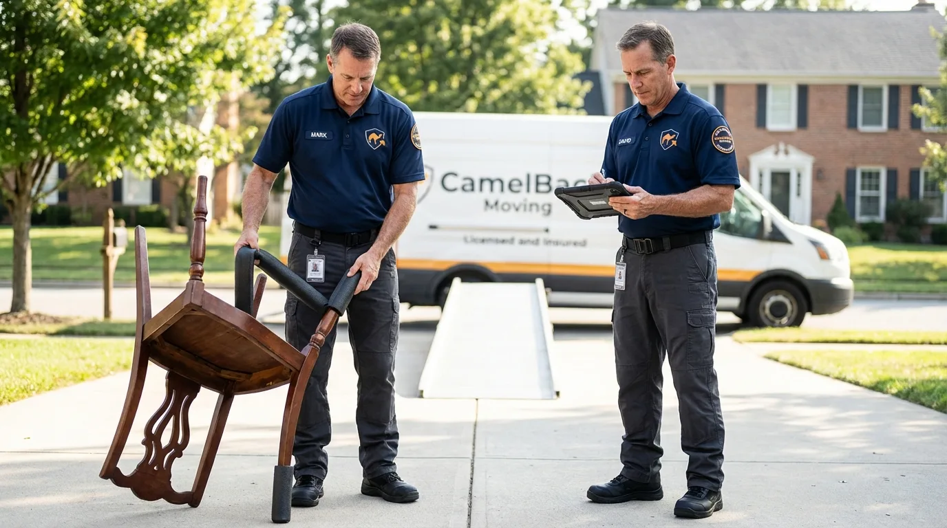 Movers inspecting furniture for damage prevention before loading in North Branch, MI