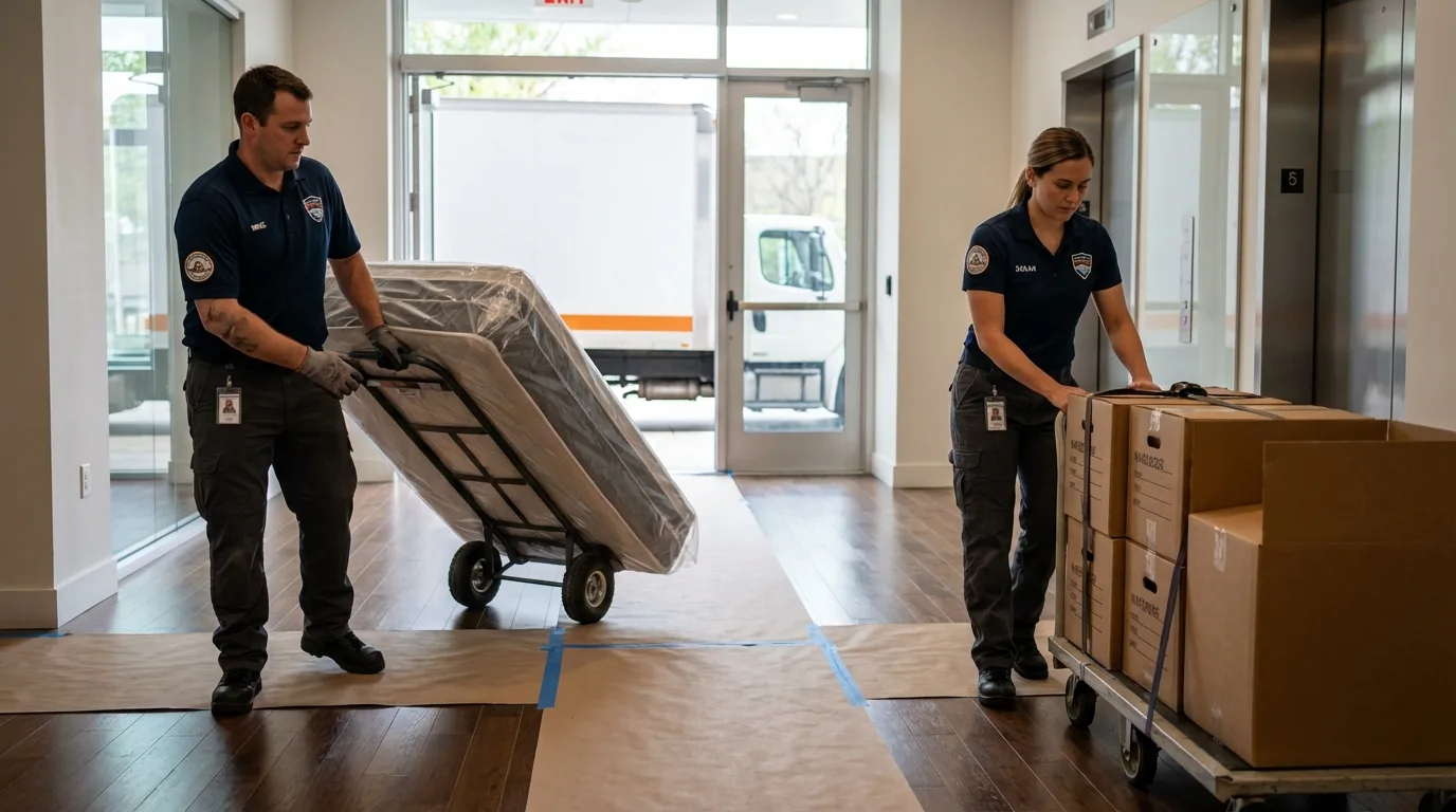 Professional apartment movers loading elevator in North Branch, MI