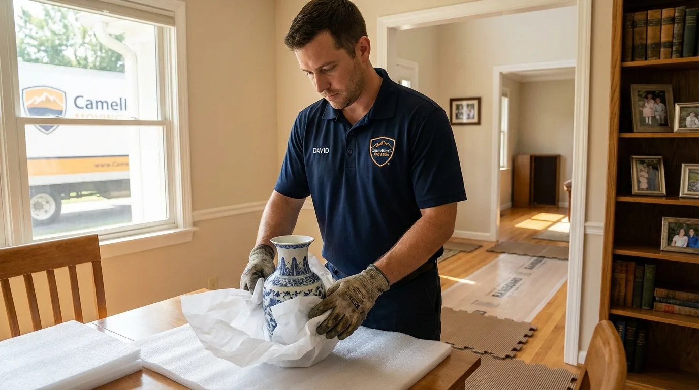 Professional crew carefully wrapping antique vase for senior downsizing move in North Branch, MI