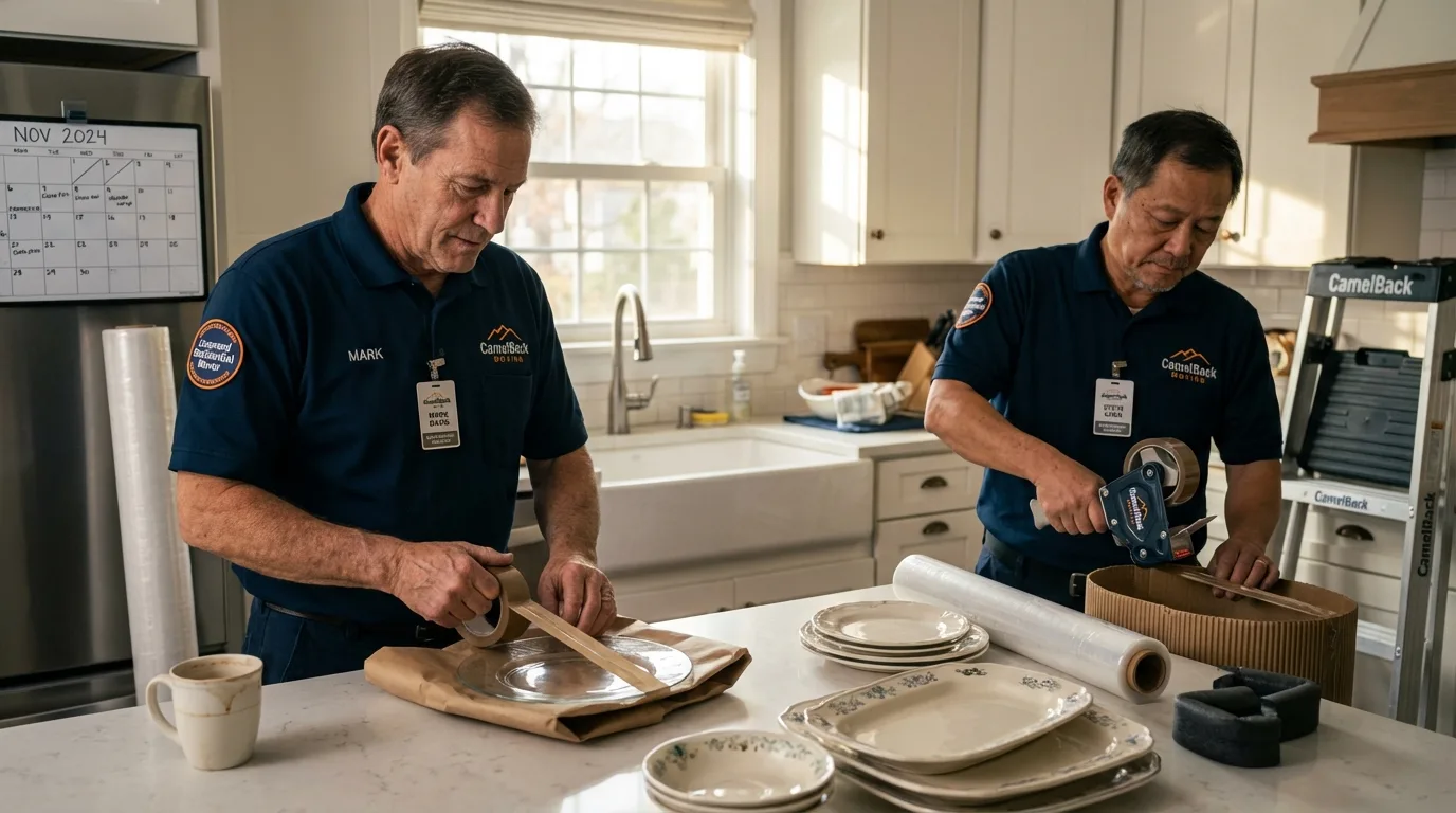 Professional crew packing kitchen dishware in North Branch, MI